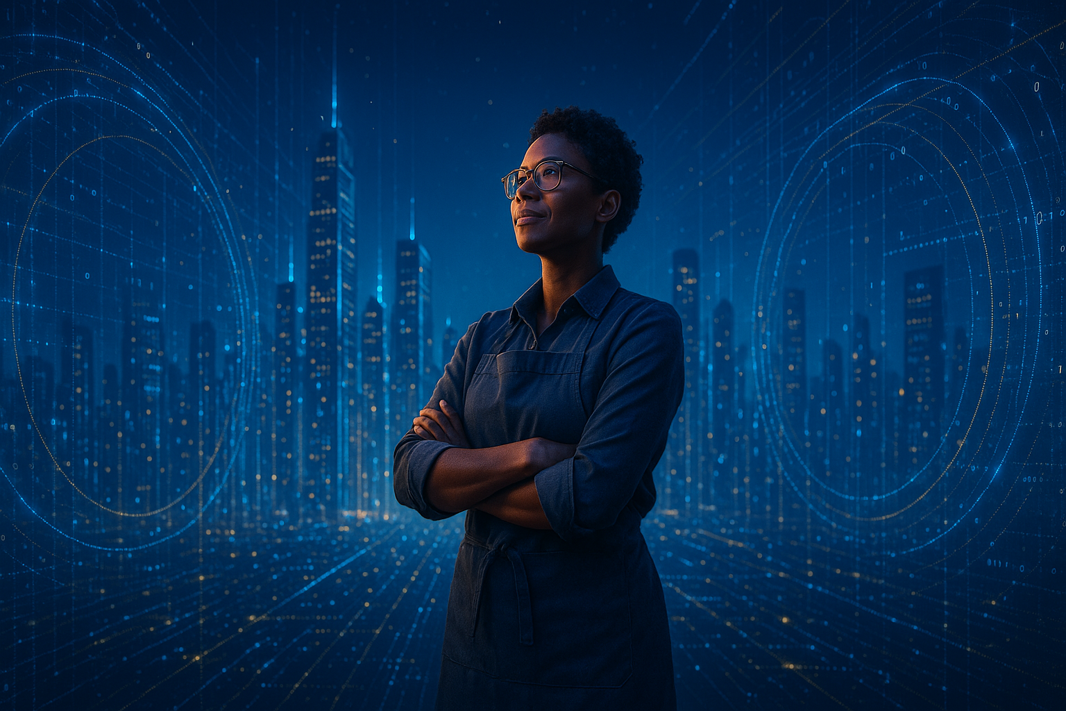 Confident business owner standing tall looking into a glowing AI-powered digital future