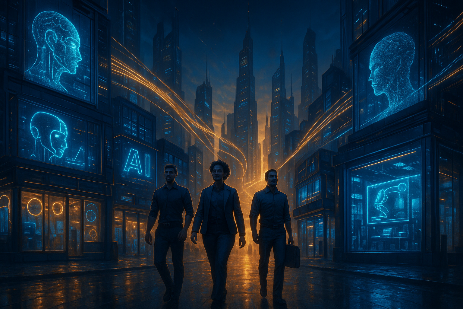 Futuristic AI-powered city representing the thriving future for businesses that embrace technology