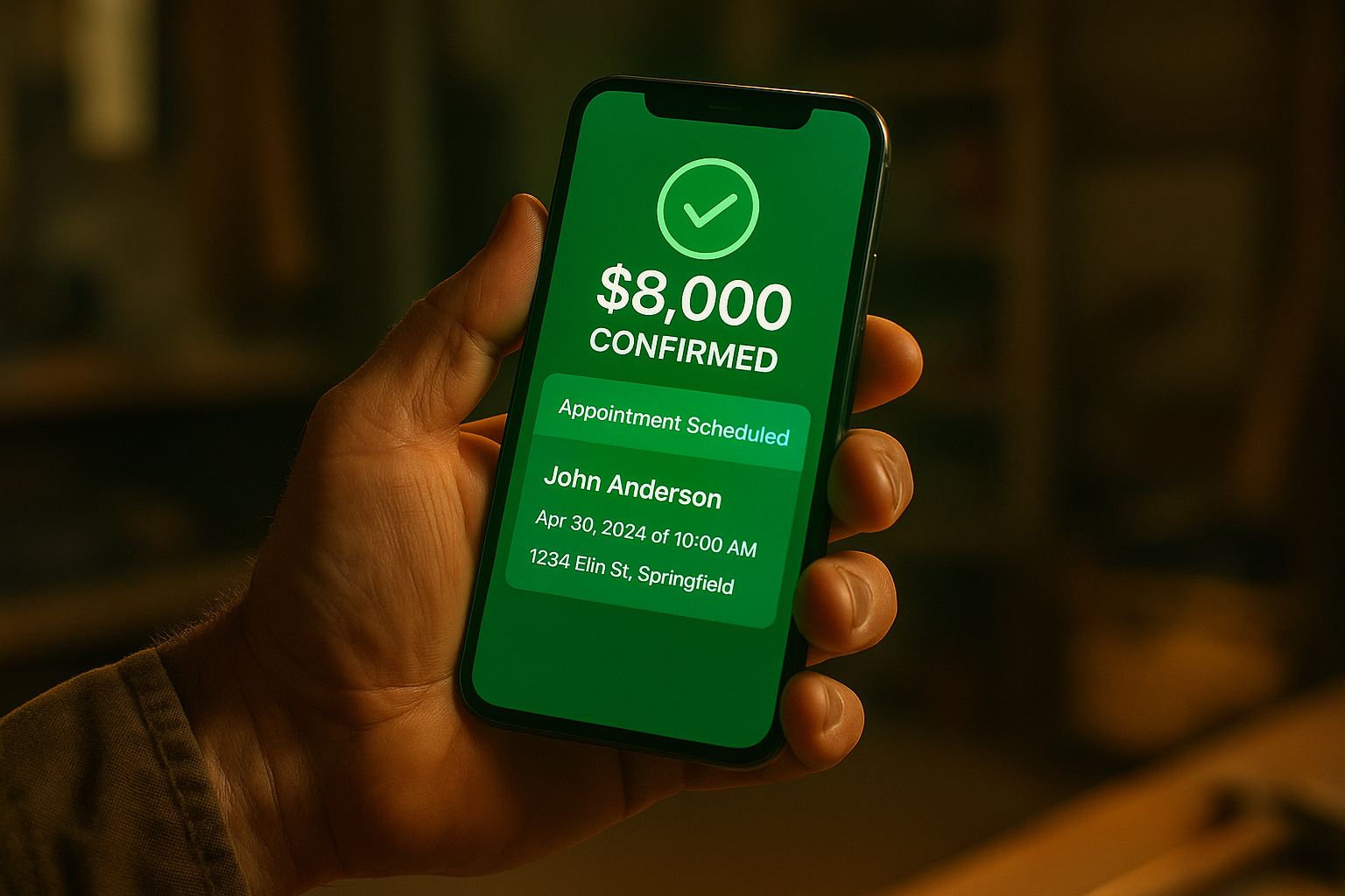 Phone screen showing a large booking confirmation for an emergency electrical job worth $8,400