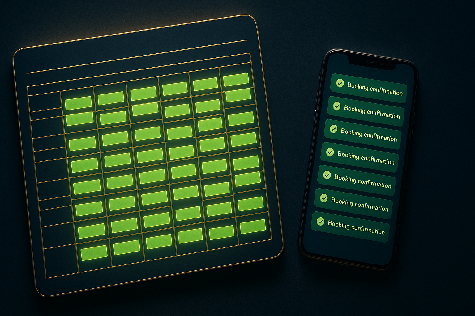 Fully booked digital calendar with confirmed green appointment slots and booking notifications