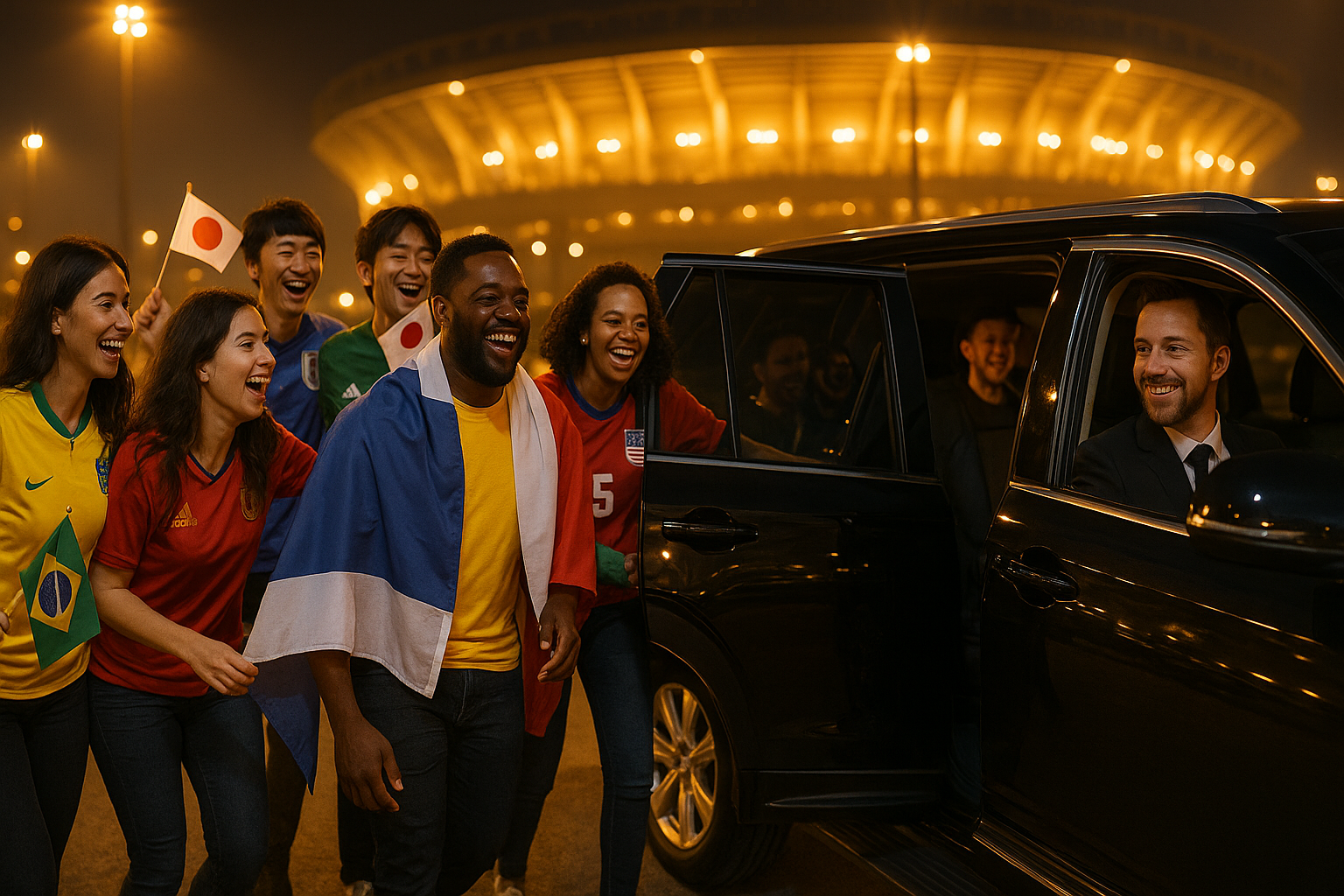 Joyful group of international soccer fans loading into a car service vehicle outside a World Cup stadium
