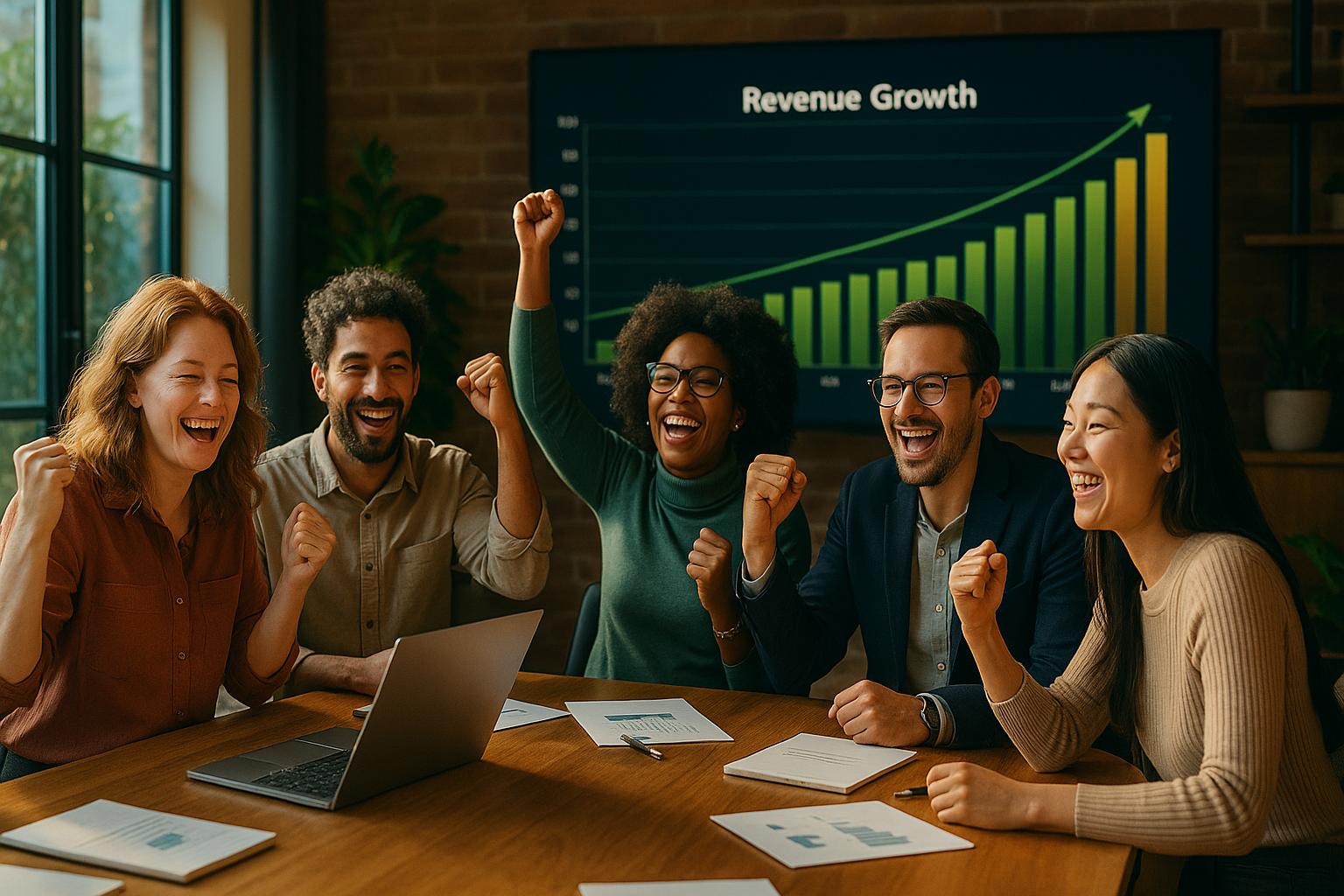 Small business team celebrating revenue growth and success together in a modern office