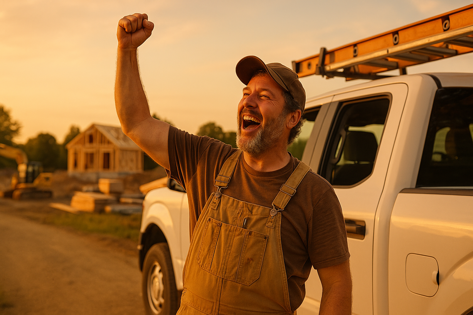 Joyful contractor celebrating outside their truck after landing a massive job they almost missed entirely