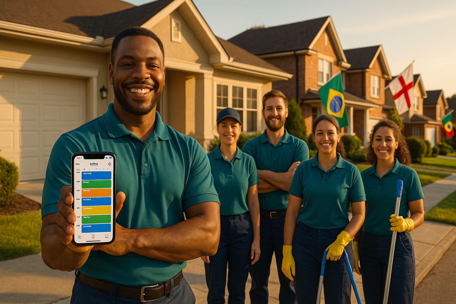 Cleaning business owner with full team outside a World Cup Airbnb property, phone showing a packed schedule