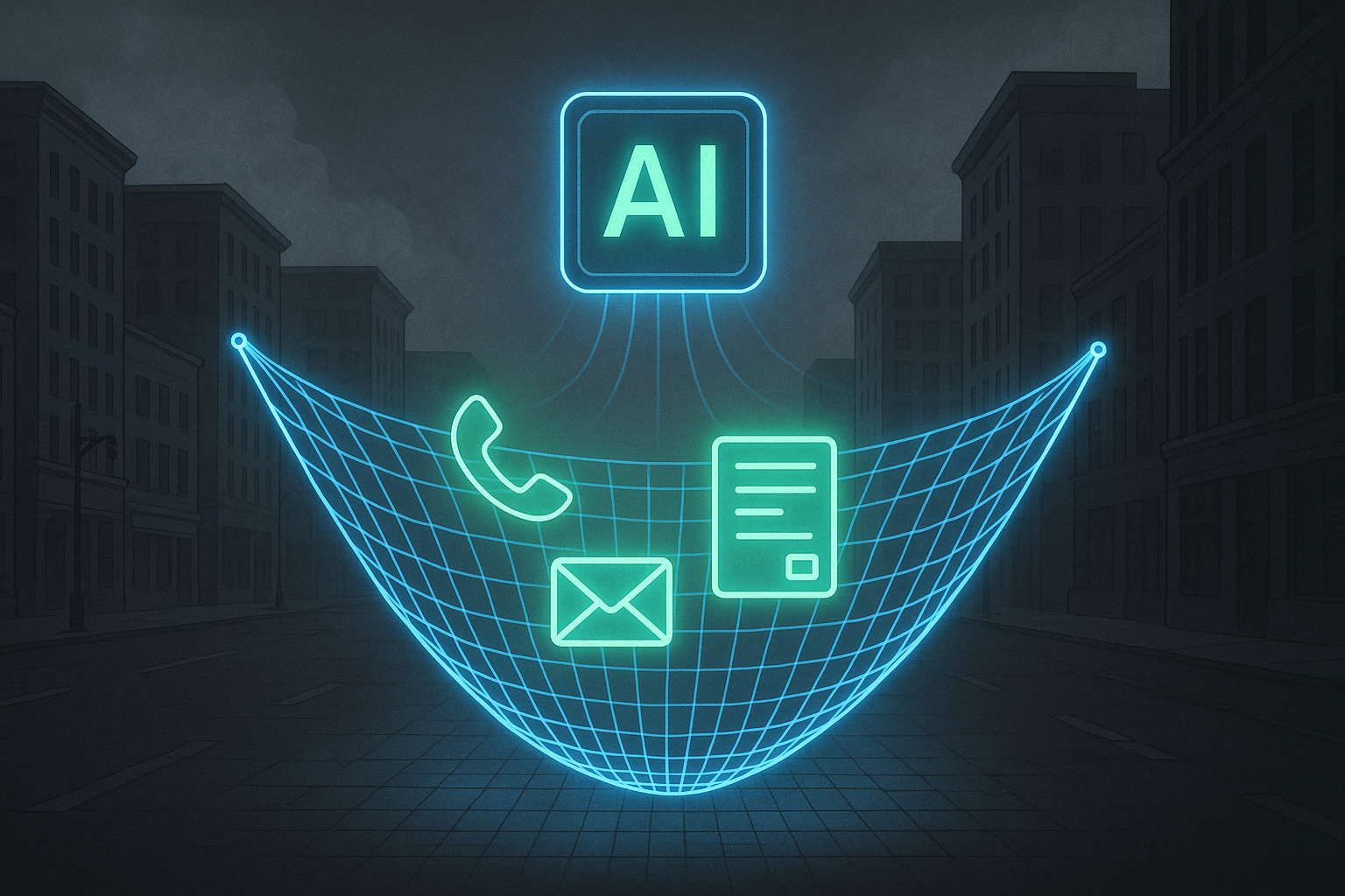 Glowing AI lead capture safety net automatically catching every inbound lead during a grey economic slowdown