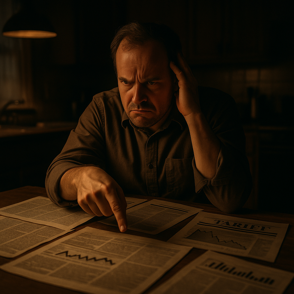 Business owner surrounded by economic headlines blaming external forces for slow business