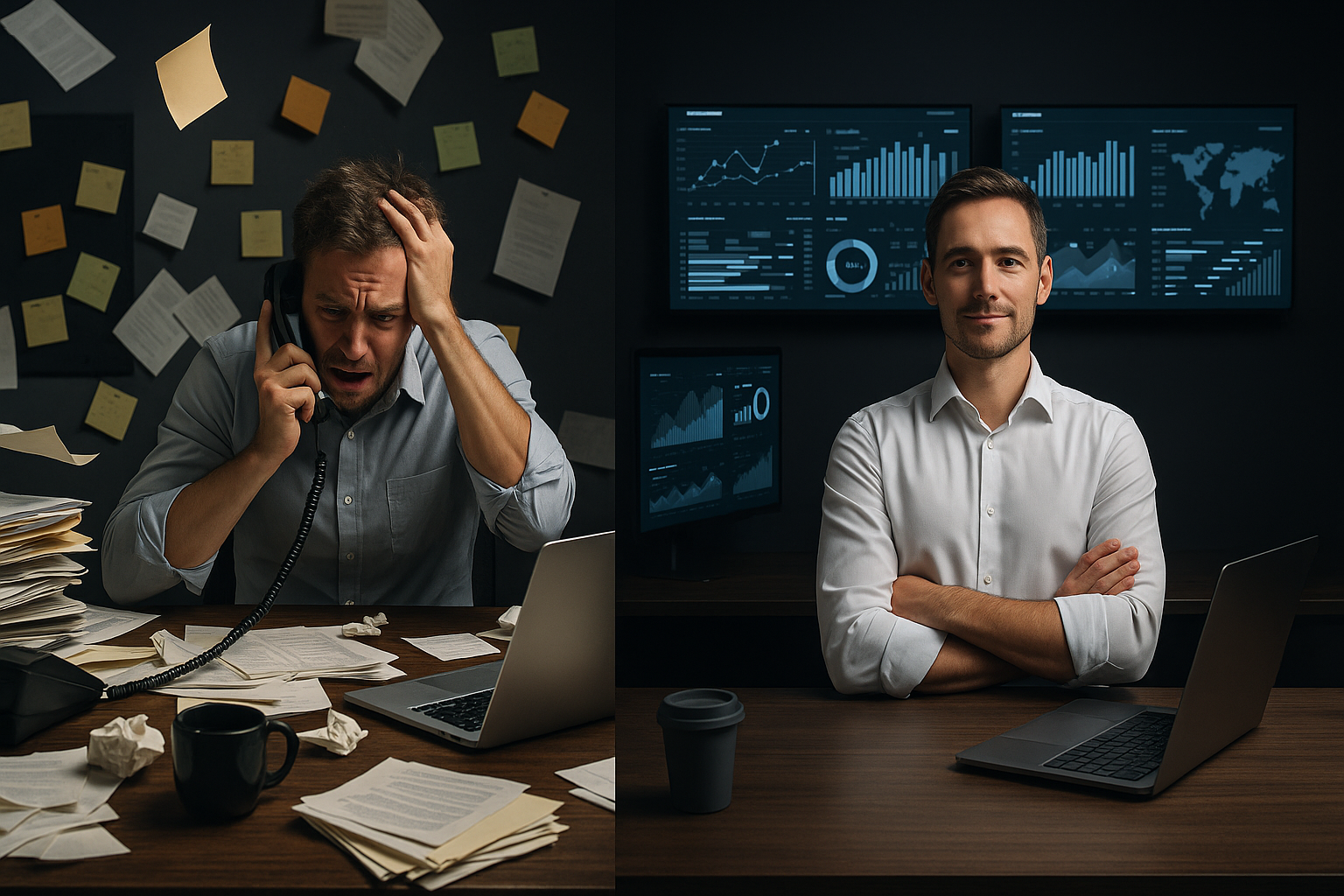 Split image showing chaotic traditional business versus organized AI-powered business operation
