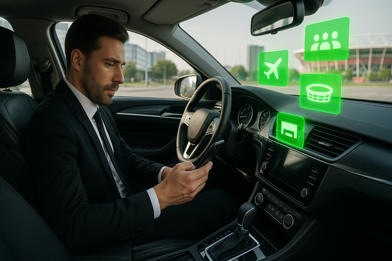 Car service driver getting steady stream of AI-captured group booking confirmations on phone during World Cup week