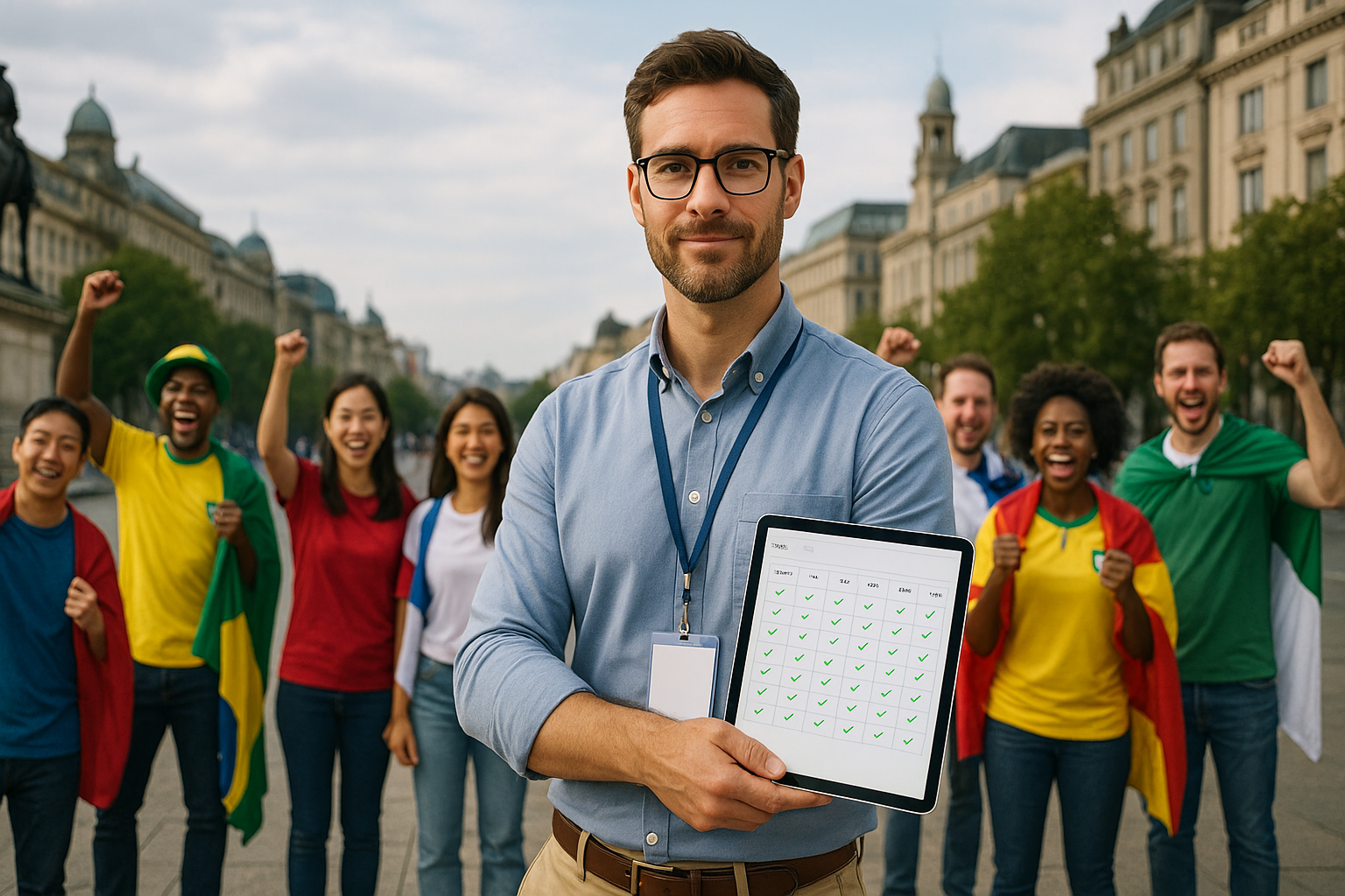 Tour operator with fully booked World Cup schedule on tablet, international fans ready for a city experience behind them