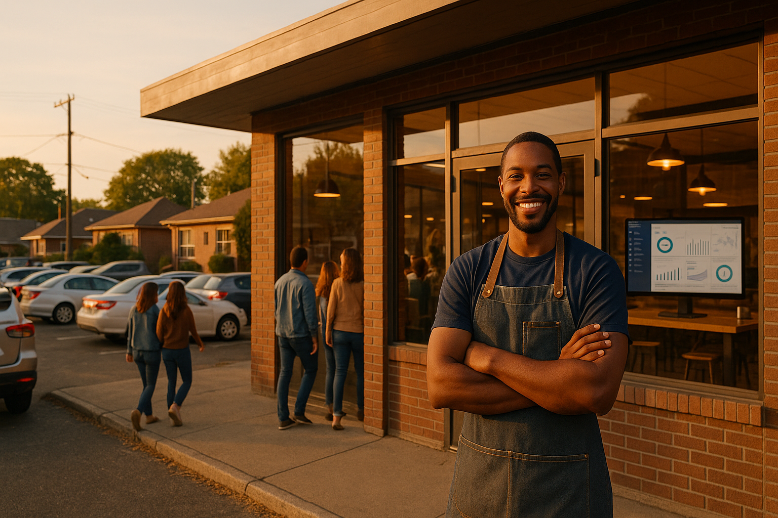 Thriving small business owner standing outside their successful storefront with a full parking lot and digital AI systems