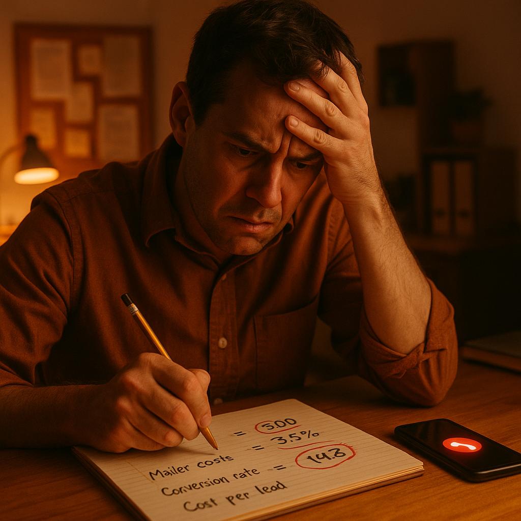 Small business owner doing painful marketing ROI math on a notepad while a missed call glows on her phone