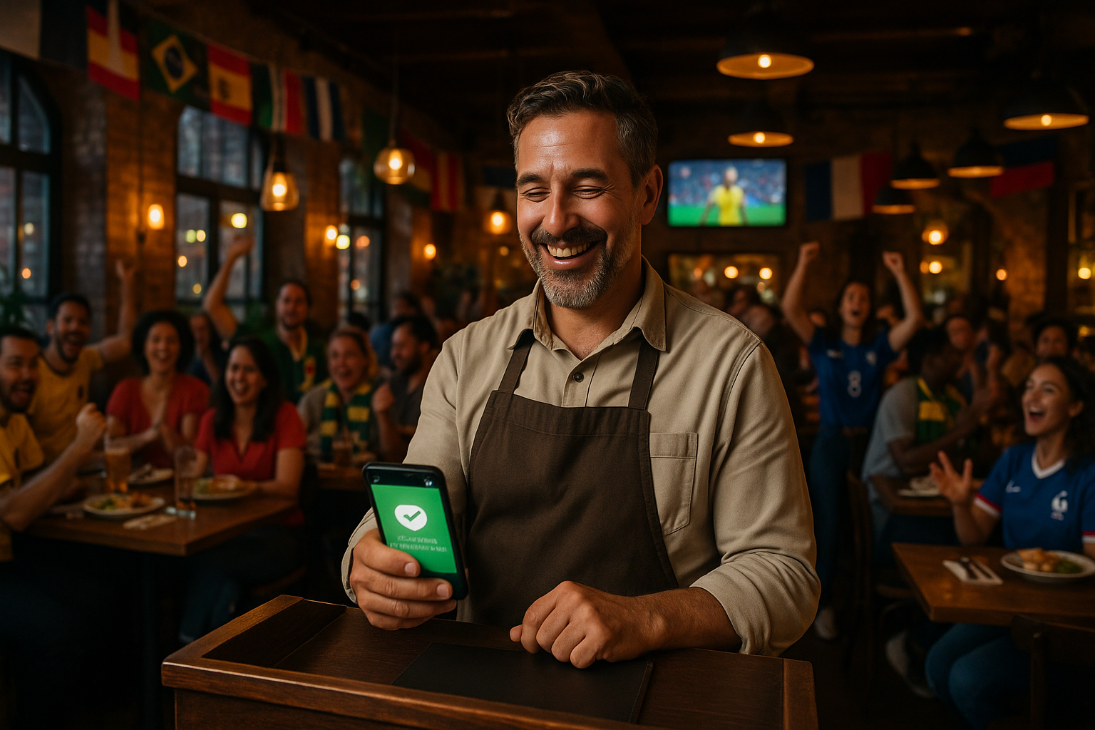 Restaurant owner smiling at phone showing confirmed World Cup reservations captured automatically by AI system