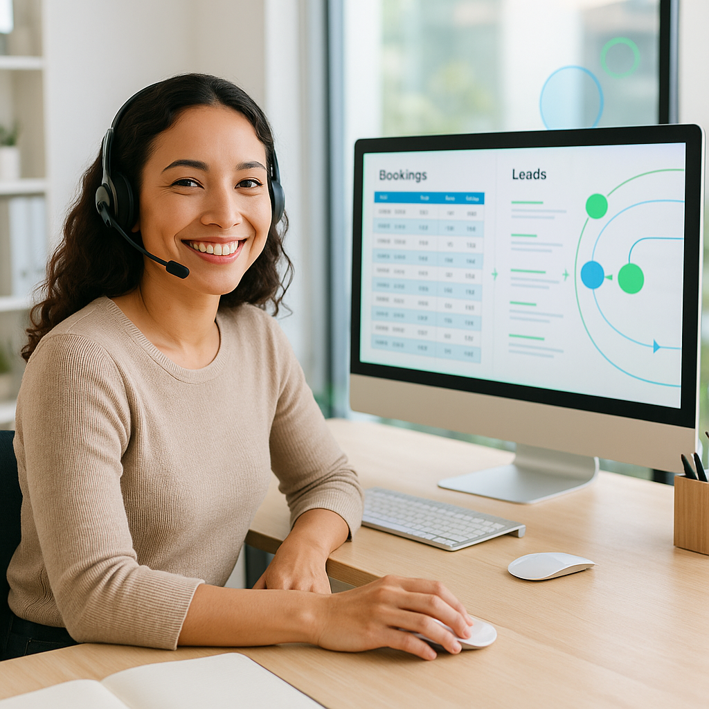 Organized and relaxed employee at a modern desk with AI-powered digital booking system on screen