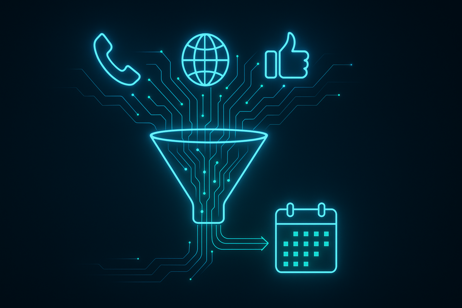 AI-powered automated lead flow visualization showing leads captured and routed to booking calendar