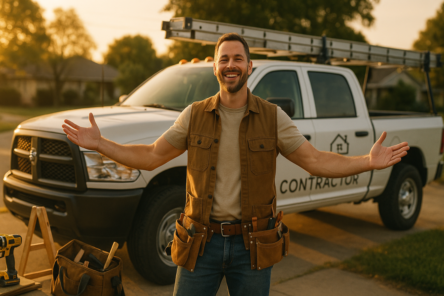 Triumphant contractor standing proudly in front of their work truck in golden morning light fully booked and thriving