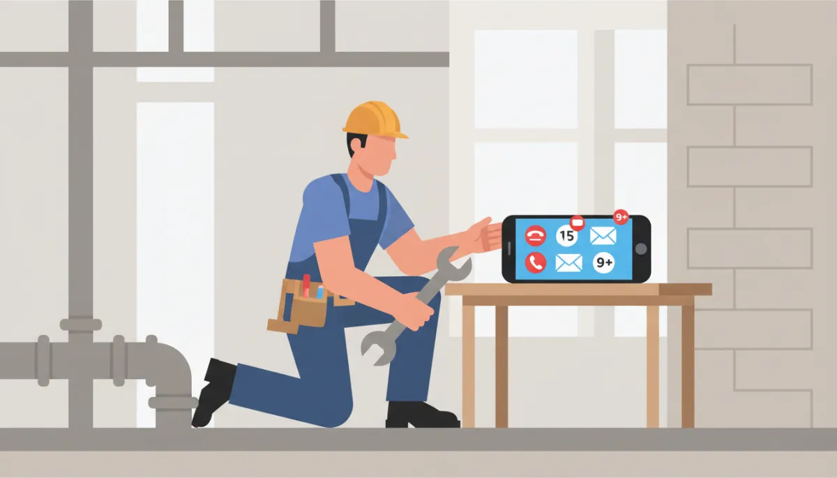 Contractor working while phone shows missed calls and unread leads