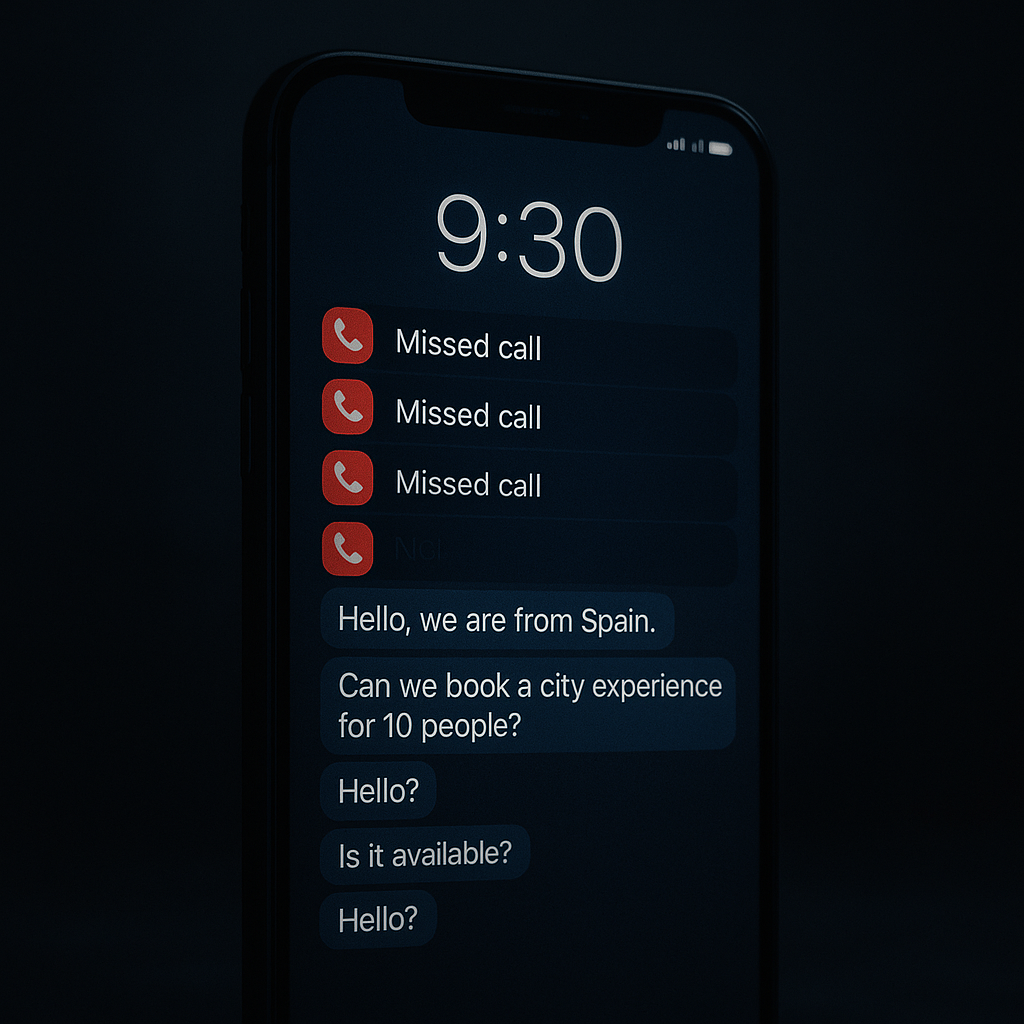 Tour operator phone showing 8 missed calls at 9:30pm from a group of Spanish fans wanting to book a city experience