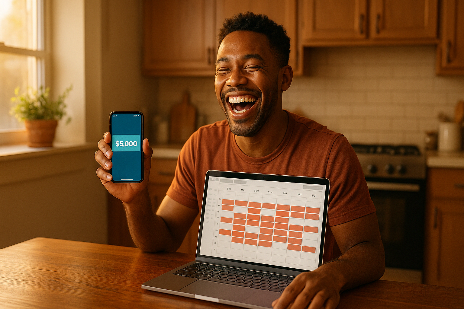 Small business owner smiling at kitchen table with fully booked calendar and extra revenue notifications on phone
