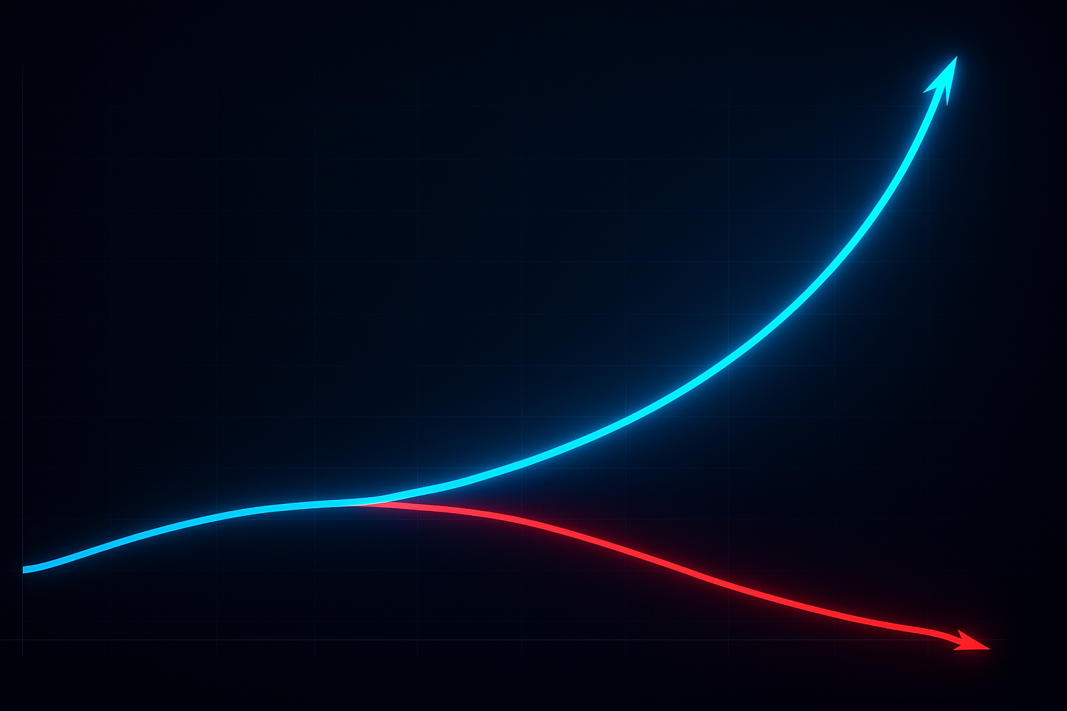 Timeline graph showing two businesses diverging sharply: AI adopter growing steeply upward, non-adopter declining