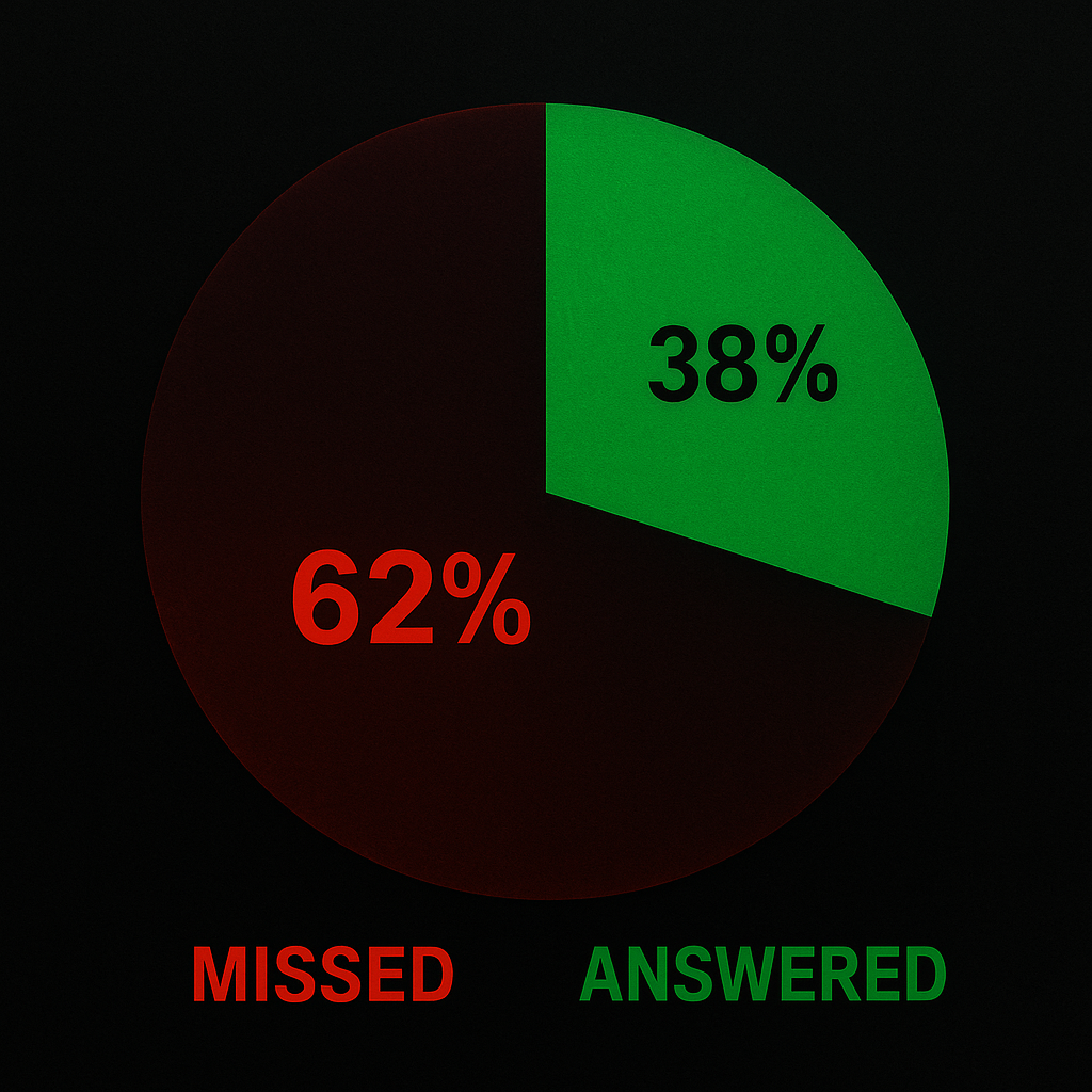 Bold data visualization showing 62% of home service calls going unanswered — alarming contrast in red and green