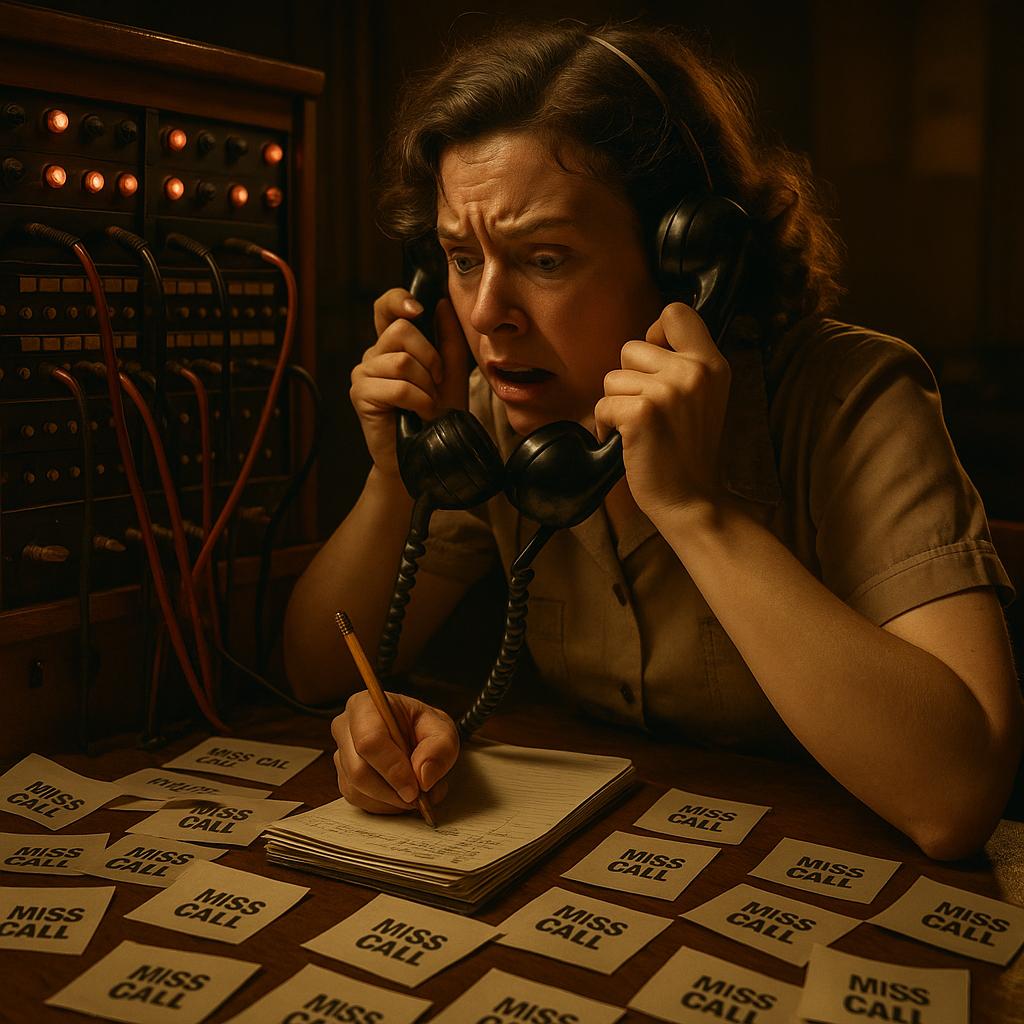Traditional answering service operator overwhelmed with message slips and ringing phone lines