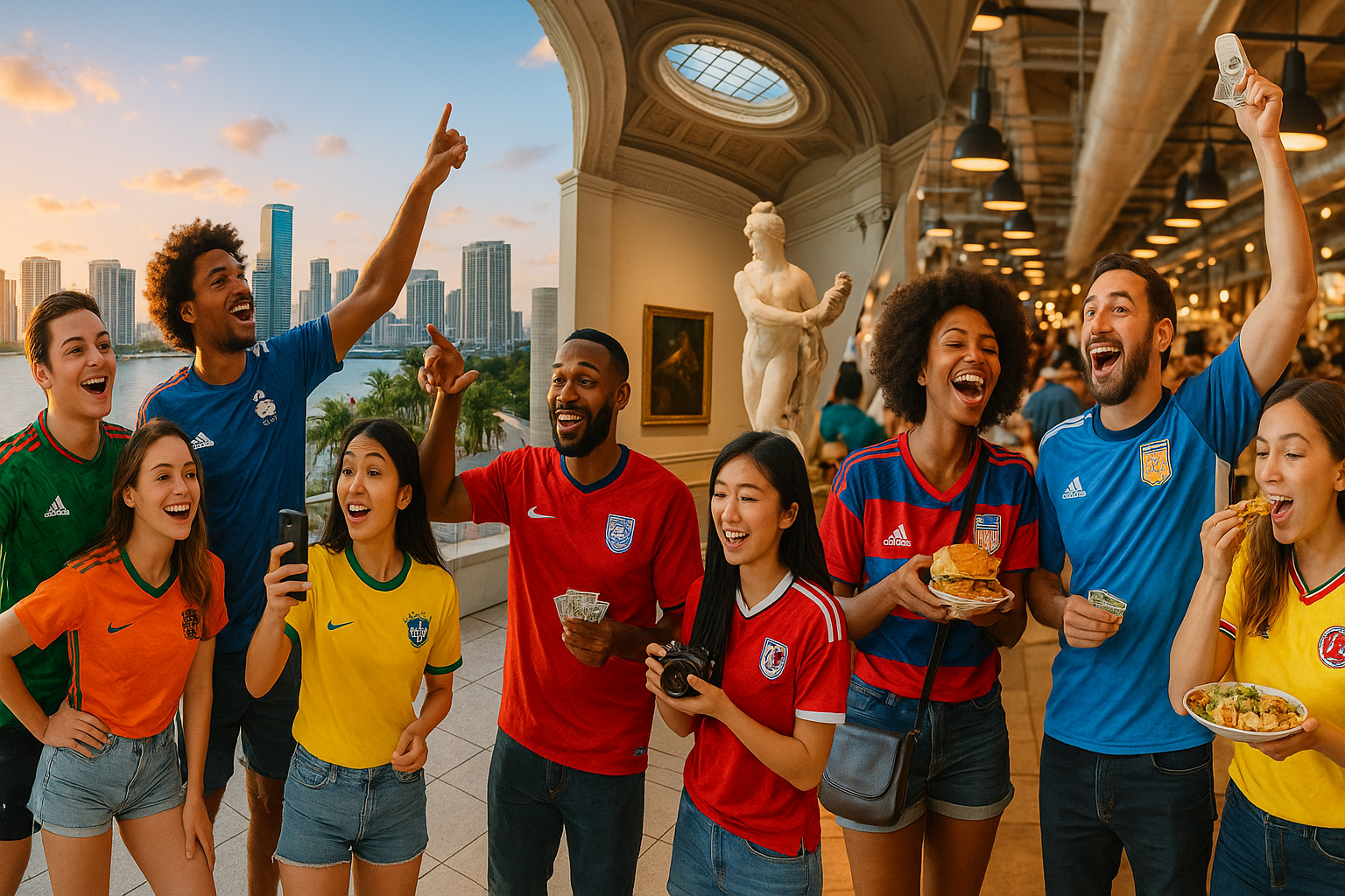 International soccer fans experiencing local city attractions and food markets during their World Cup stay
