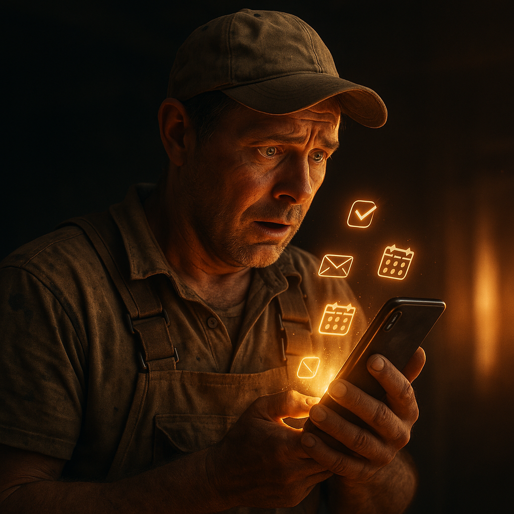 Contractor experiencing a breakthrough moment discovering an AI-powered lead capture system on their phone