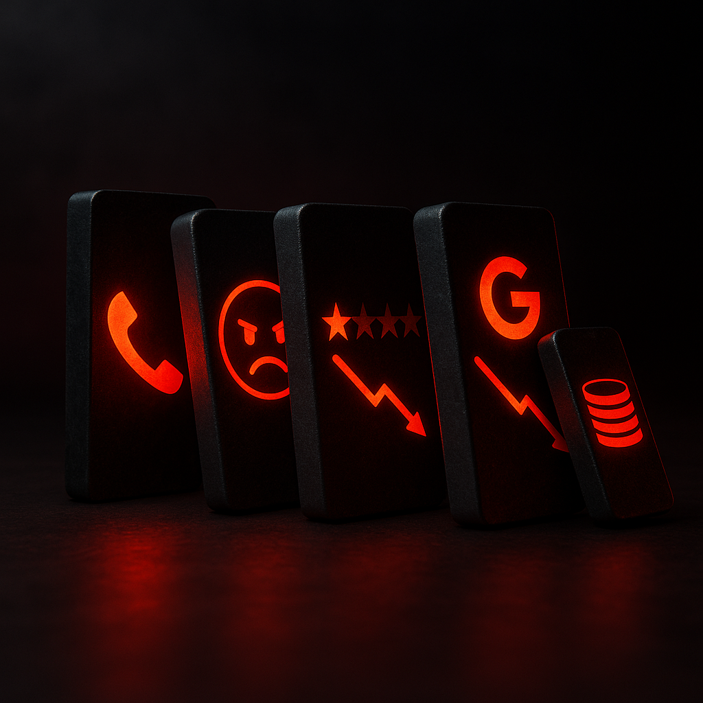 Domino effect showing missed call leading to bad review leading to lower Google ranking leading to fewer calls