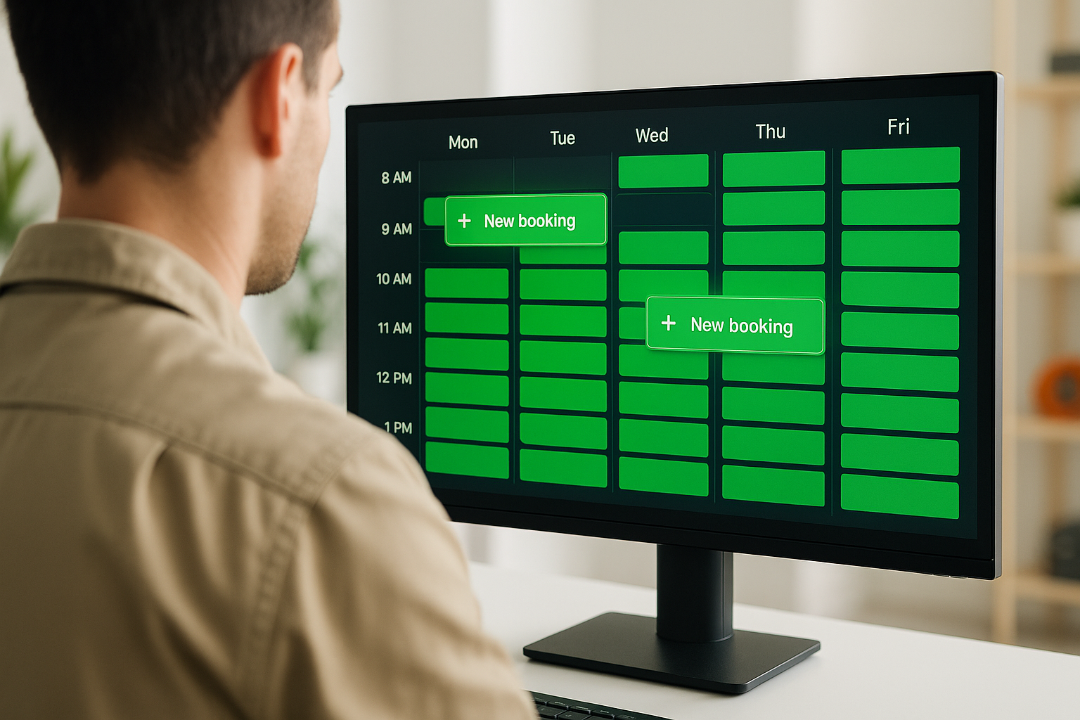 Contractor calendar viewed over shoulder showing every time slot filled with green confirmed job bookings
