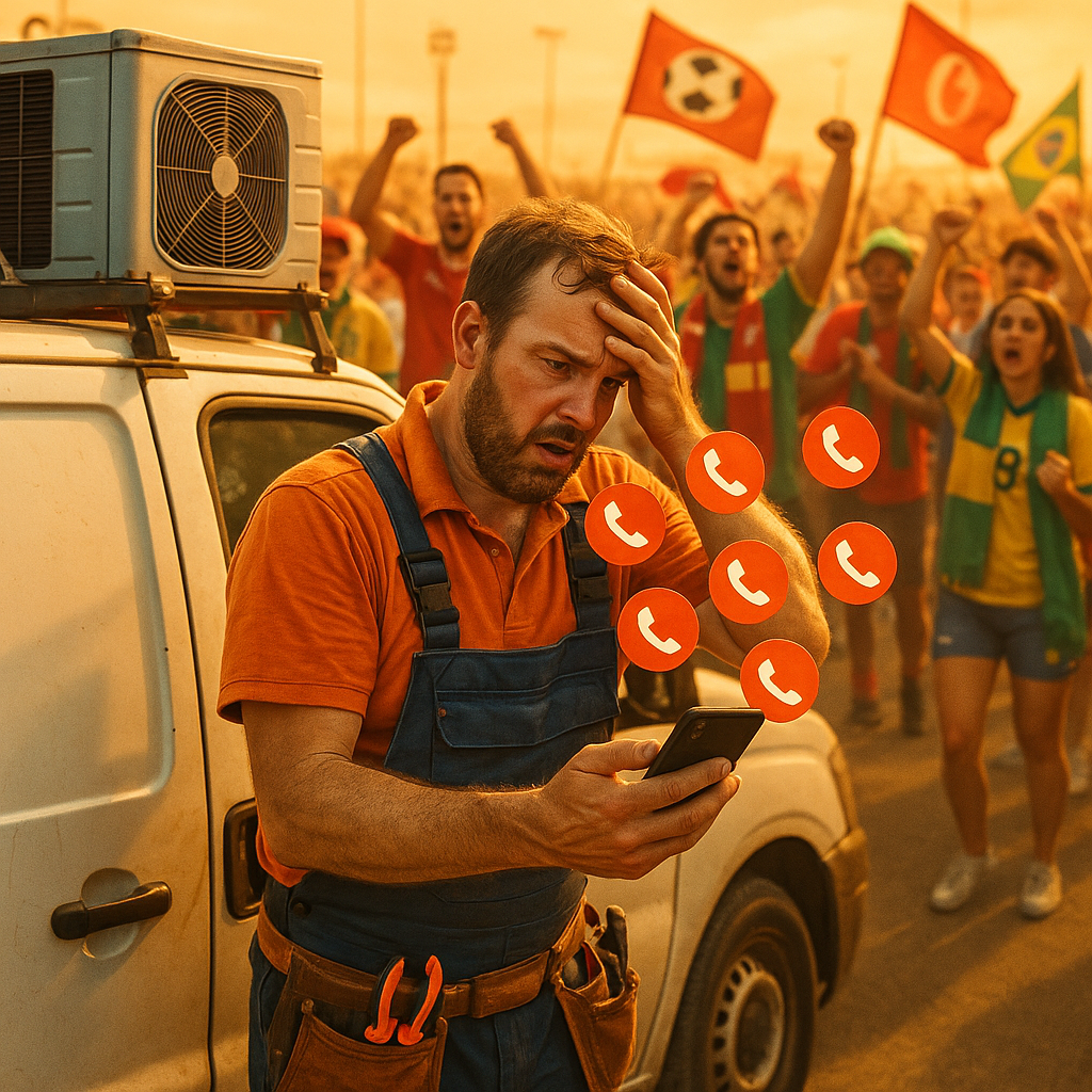 Overwhelmed contractor with phone showing dozens of incoming calls from World Cup tourists needing urgent service