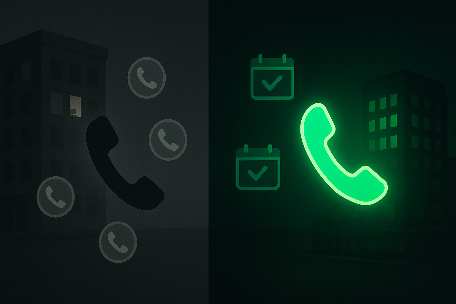 Split view: 9-5 available business with dark phone after hours versus 24/7 AI-powered business capturing all leads
