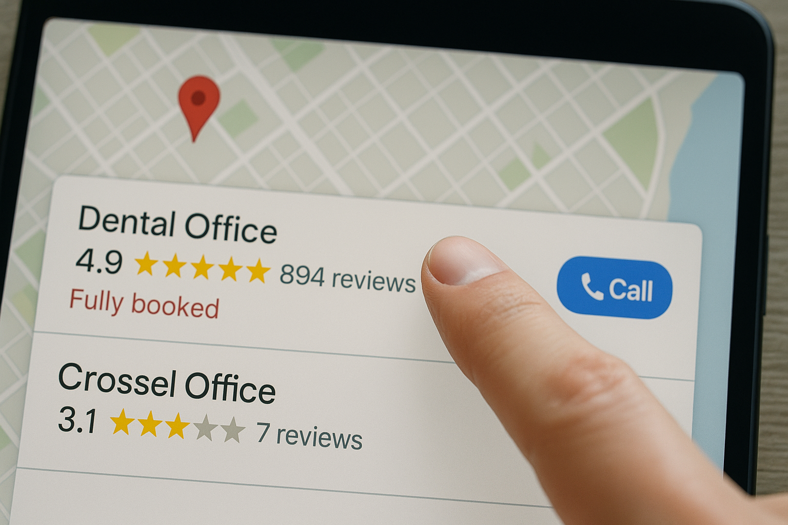 Google Maps showing two businesses side by side: one with 4.9 stars and fully booked, one with 3.1 stars struggling