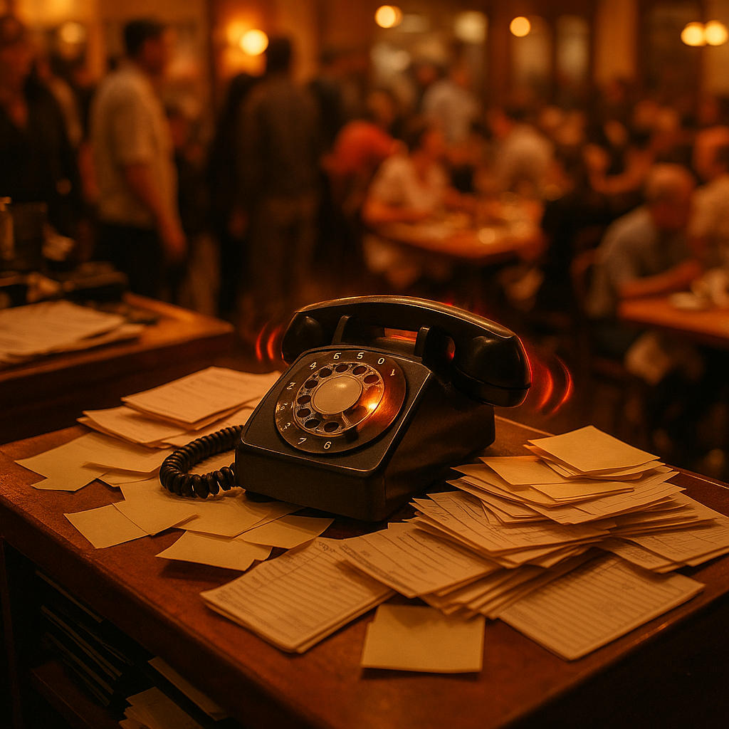 Restaurant phone ringing unanswered on a busy counter with reservation slips piling up during World Cup rush