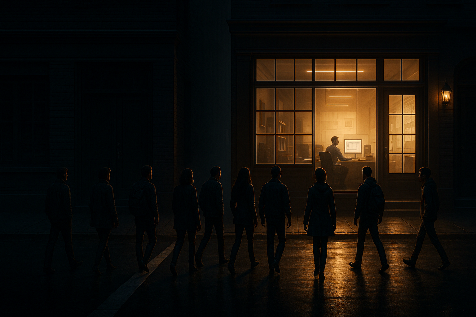 Customers walking away from a dark unresponsive business toward a lit-up AI-powered competitor