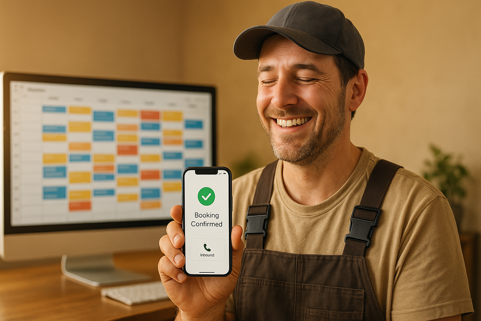 Contractor holding phone with confirmed booking from an inbound caller, full job calendar in background
