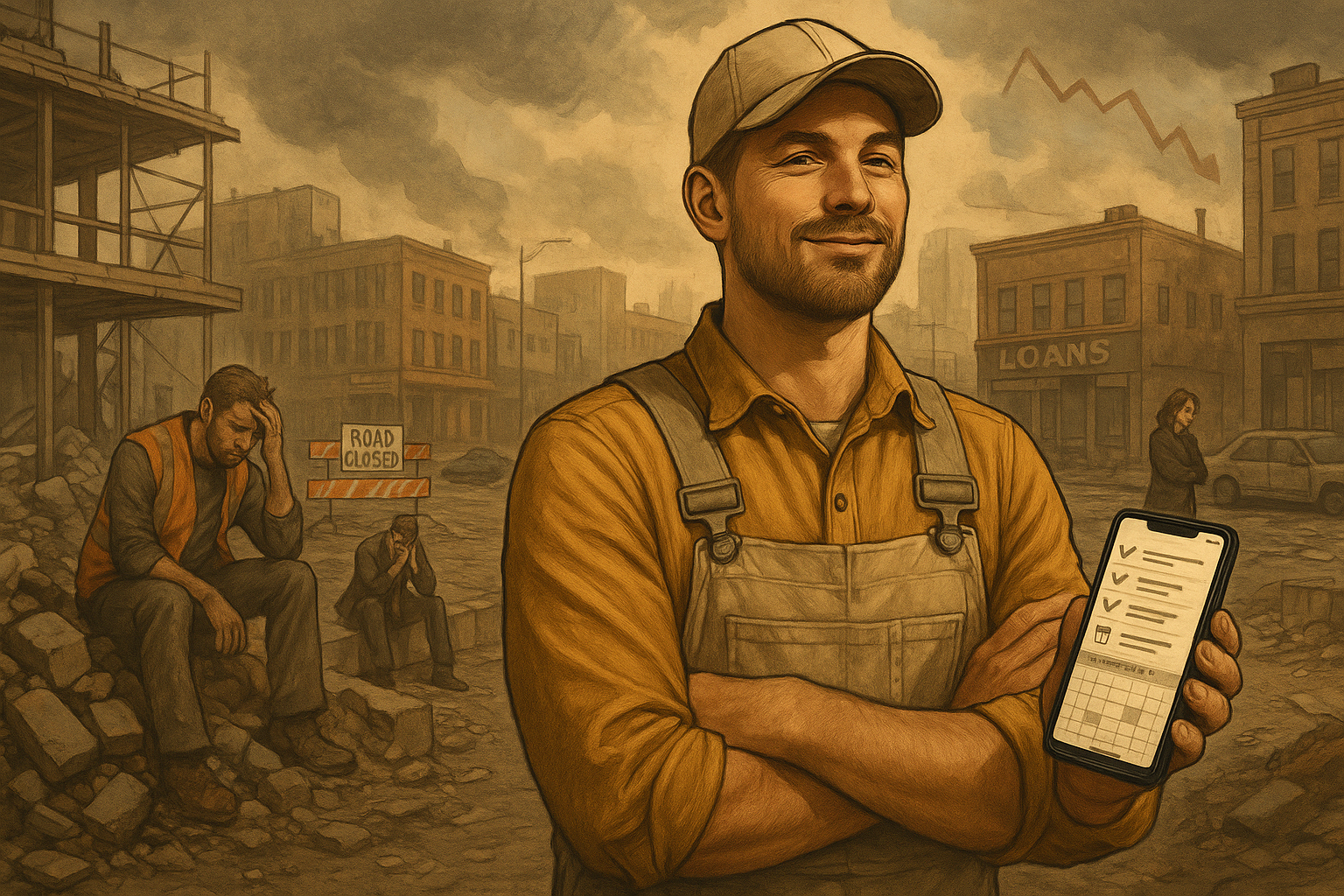 Confident contractor thriving during an economic slowdown — calendar full and unbothered while others struggle around them