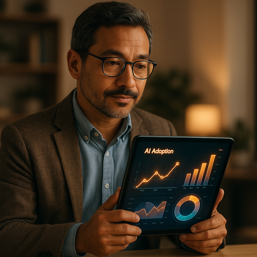 Business owner reviewing AI adoption statistics and market trends on a tablet