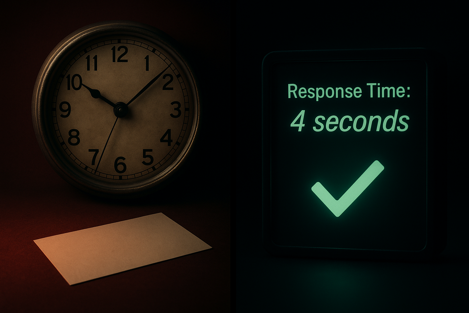 Clock comparison showing hours of delay from traditional services versus instant AI response