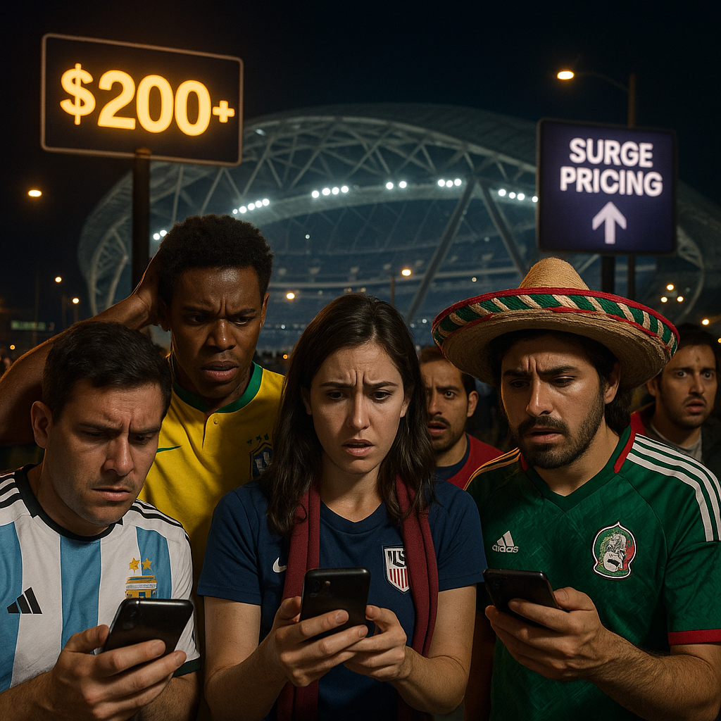 International soccer fans looking confused and frustrated outside a World Cup stadium searching for reliable transportation