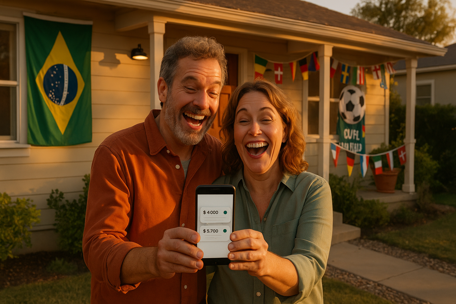 Happy Airbnb host couple outside their World Cup rental property holding phone showing tournament earnings